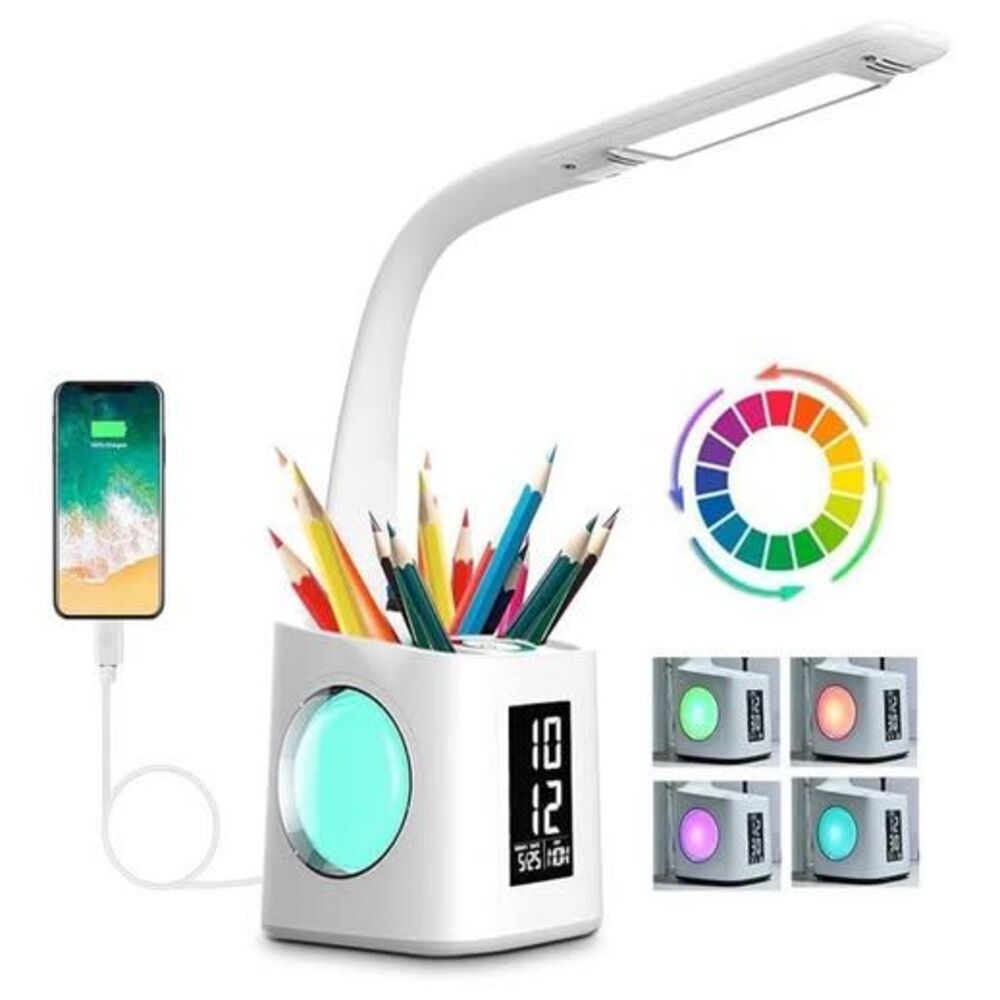 7-in-1 Study Desk Lamp with USB Charging, Screen, Calendar, Color Night Light